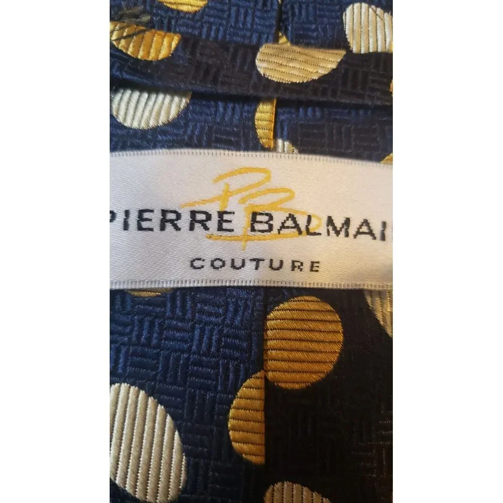 Pierre Balmain Couture Neck Tie Mens 100% Silk Navy Yellow Polka‎ Dots Business